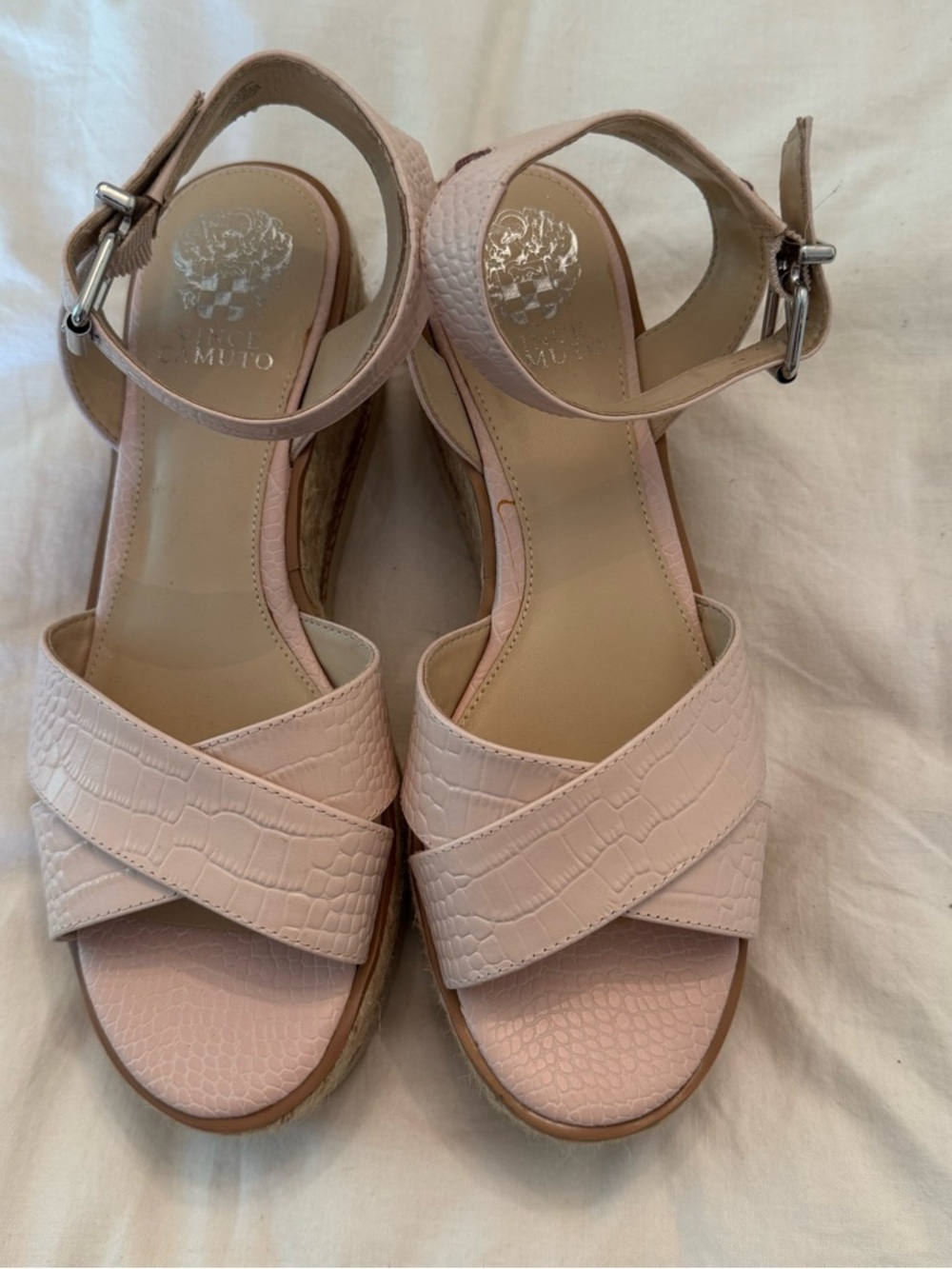 Vince Camuto Pale Blush Croc-Embossed Wedge Sandals